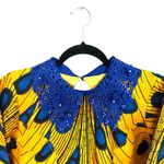 Vibrant African Print Yellow and Blue Long Sleeve Dress with Collared Beading Size M Photo 1