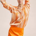 Mango  MNG Satin Print Blouse Tunic Orange‎ Oversized Long Sleeve Imported Size 6 Photo 1