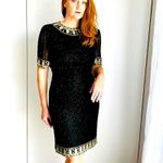 Vintage 80s Silk Beaded Sheath Dress, Formal, Black Tie Cocktail Kazar Blk/Gld Size 6 Photo 1