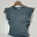 ZARA Ribbed Ruffle Sleeve Tank Top Small S Slate Blue Gray Cotton Stretch Casual Photo 1