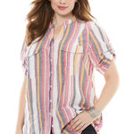 Roamans Plus Size 30W Top Striped Button Up‎ Shirt Pink Cotton V Neck 693 Photo 0