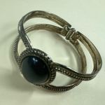 Silver Color Cuff Bracelet Black Cabochon Center Womens Aged Patina Photo 13