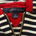 Tommy Hilfiger  Quarter Zip Navy White Striped Knit Hoodie Red Embroidery Medium Photo 5