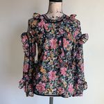 Topshop  Blouse Floral Ruffle Trim Black Sz 2 NWT Photo 0