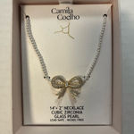 Camila Coelho Bow Necklace Cubic Zirconia Stone Bow w/ Glass Pearl Chain NIB Photo 0