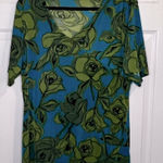 Kathy Ireland  Women’s Blouse - V-Neck Blue/Green Floral Print - Sz -X (12-14) Photo 0