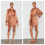 Bailey 44 Malaysia Mini Wrap Dress Size Large Coral Brown Print 70s Billowy Photo 1