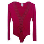 Blue Rain Long Sleeve Lace Bodysuit Women Small Lace Appliqué Ribbed Knit v-neck Photo 1