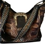 Raviani With Signed b.b.Simon Rhinestone Buckle Croc Embossed Leather Handbag. Brown Photo 9