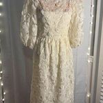 Vintage Richilene Lace Dress With Embroidered Floral Design & Puff Sleeves Tan Size 10 Photo 0