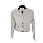 AQUA  Cream Denim Jacket‎ Size 6 Cropped Collarless Button Front Pockets Photo 4