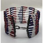Beautiful Native American Metal and Beaded Cuff Bracelet Red Blue White Photo 5