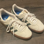 Adidas Women’s  Gazelle Ivory Sneakers with Dark Green Stripes, Size 7 Photo 0