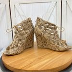 Bamboo  Royce Snake Print Lace Up Cage Wedge‎ Shoes Tan Brown 7.5 Peep Toe Photo 2