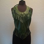 Genuine Green Fringe Rhinestone Studded Scalloped Leather Tie Halter Backless Size L Photo 2