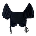 Glassons Crop Top Womens 8 Black Satin Smocked Short Puff Sleeve V-Neck Milkmaid Photo 2