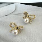 CZ Bow White Pearl Stud Earrings for Women Gold Photo 2