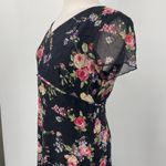 Vintage 90s Floral Print Midi Dress Crepe Empire Tie Waist V Neck Black Pink M Size M Photo 5