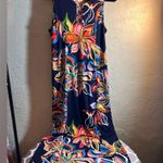 MSK Navy Floral Maxi Dress M tropical floral resort wear gold accents maximalist Orange Size M Photo 0