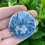 Vintage Gold, Blue & White Porcelain Church Brooch/Pin Round Medallion Photo 0