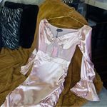 Pretty Little Thing  Dusty Pink Bardot Satin Mesh Insert Ruched Bodycon Mini Dress Photo 6