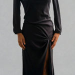 Reformation  Boat Neck Black Ribbed Midi Dress Small Long Sleeve Ruched Slit Photo 0