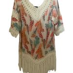 Kohinoor Swim Cover Tunic Blouse Dress Crochet detail Feather Print Boho Sz Lg Photo 0