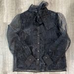 Boutique  Black Organza Puff Sleeve Button Down Bow Top Photo 0