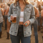 Time and‎ Tru Distressed Denim Jacket Blue Button Front Long Sleeve Women Size S Photo 0