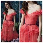 Marchesa Notte Off Shoulder Tulle 3D Floral Midi Gown Dress Size 0 Pink Tiered Photo 15