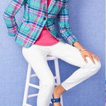 Talbots Madras Plaid Double Button Sunshine Linen Blend Blazer Size 8 Blue Pink Photo 0