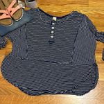Free People  Women’s Medium Striped Blue White Linen Button Oversized Top Shirt Photo 0