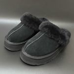 UGG  Disquette Black Suede Leather Plush Sheepskin Platform Slippers Size 8 Photo 1