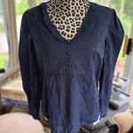 Loft Women's Navy Blue Swiss Dot Long Clip Ruffle Bib Peasant Blouse Top XS New Photo 0
