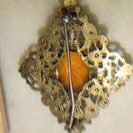 Antique Victorian Brass Filigree Brooch Yellow Orange Amber Colored Glass Photo 7