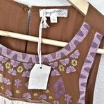 Mystree | NWT Embroidered Yoke Dress Crinkle Chiffon Taupe Nude Lavender | Large Photo 3