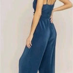 ASTR  The Label Jumpsuit Blue Pleated Cutout Wide Leg Cropped M Cocktail Party Photo 0