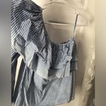 ZARA White Blue Striped Asymmetrical One Shoulder Ruffle Top blouse sz S cotton Photo 3