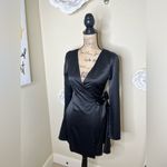 Lulus NTM: Lulu’s Festive Forever Black Satin Long Sleeve Mini Wrap Dress in Size XS Photo 4