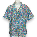 Vintage Blouse Floral‎ Medium Blue Pink White Button Photo 0