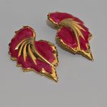 Vintage 80s Gold & Fuchsia Enamel Leaf Statement Earrings Maximalism Retro Glam Photo 1