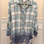 Aratta Silent Journey Plaid & Floral Boho Button Down Tunic Top | Size S Blue Photo 0