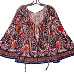 Boston Proper ‎ Womens Mirror Print Knit Blouse Tie at Neck Bell Sleeve Small Photo 0