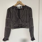 RECLAIMED VINTAGE | Charcoal Corset Embroidered Tie Front Fringe Cropped Top, 6 Gray Photo 2