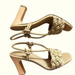 Vince braided leather “Quenelle” slingback heeled strappy sandals in “dune” tan Photo 9
