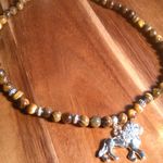 Lion Charm Tiger's Eye Beaded Silvertone and Stainless Steel Necklace Photo 3