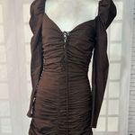 ZARA  Brown Long Sleeve Puff Sleeve ruched Body con Dress Size S Photo 4