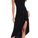 Lulus V Neck Spaghetti Strap Pleated Faux Wrap Reinette Black Midi Dress size L Size L Photo 0