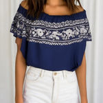 Rewind  Womens Top Size Large Blue White Off Shoulder Floral Knit NEW‎ Photo 0