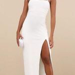Lulus  Dramatic Promise White Feather Strap Ruched Column Maxi Dress Classy XS Photo 0